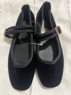 Black Velvet Mary Jane Flats with Gold Buckle Strap